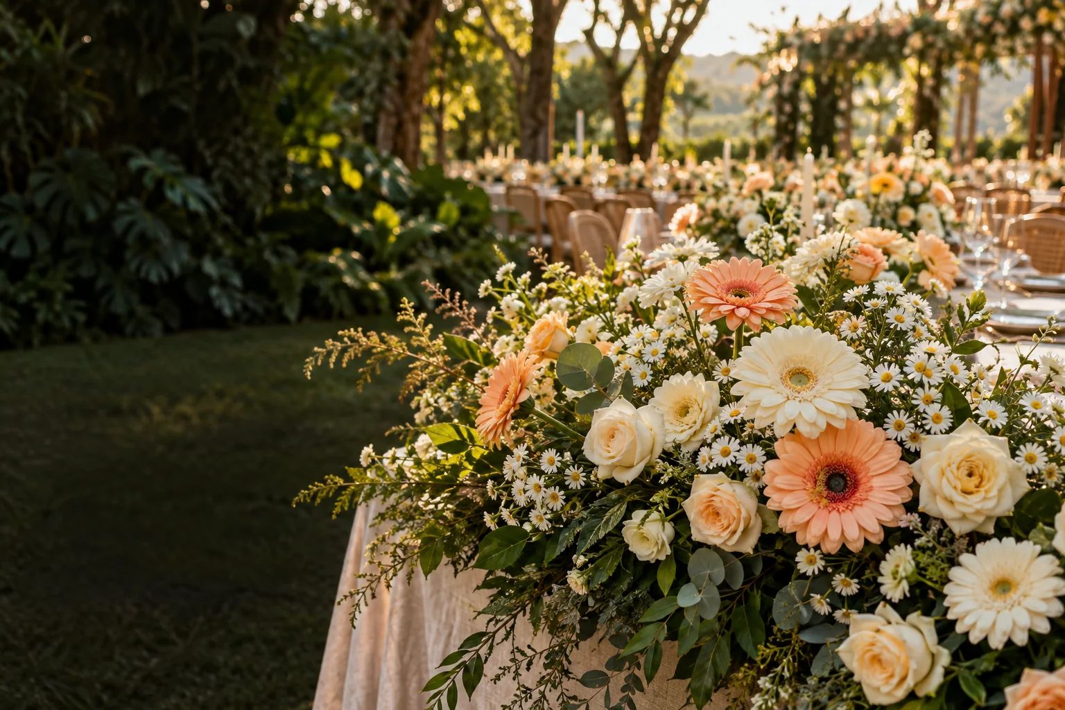 Inspiração de celebração ao ar livre com gérberas, rosas e aster