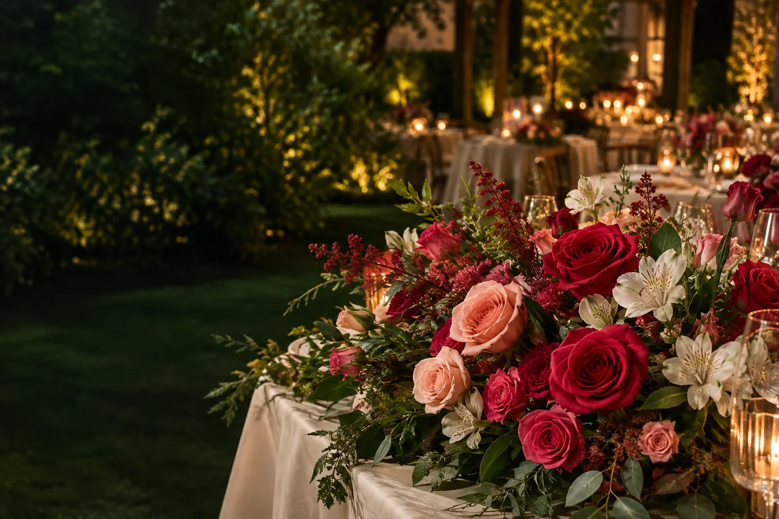 Inspiração de recepção com rosas vermelhas, rosas chá e astromélias
